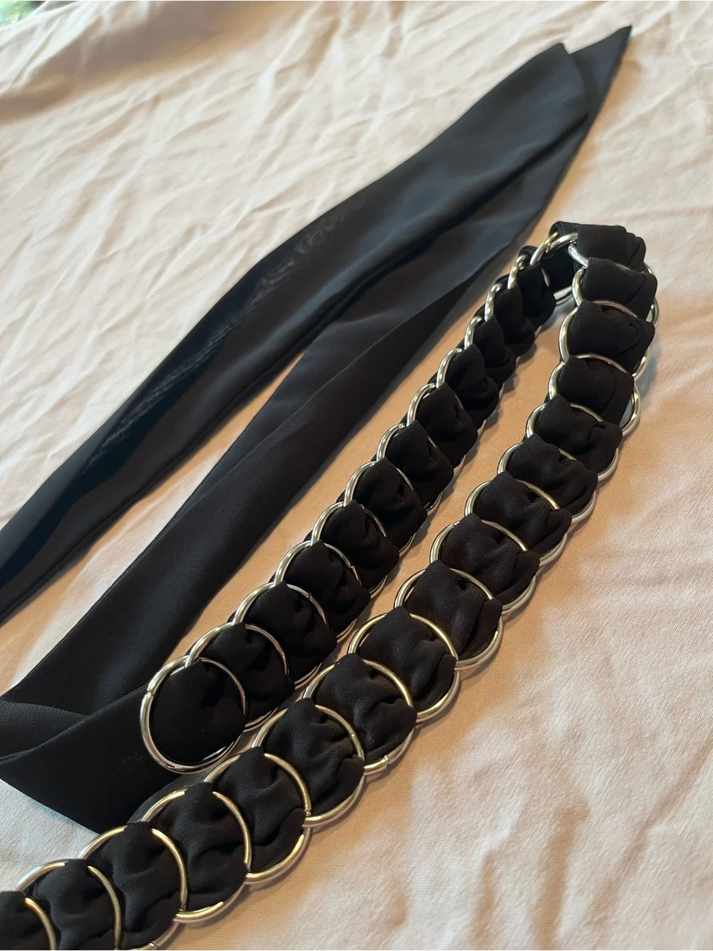 Women’s Black Y2K Scarf Belt Silver Tone Chain Ring Waist Tie OS Boho Self Tie